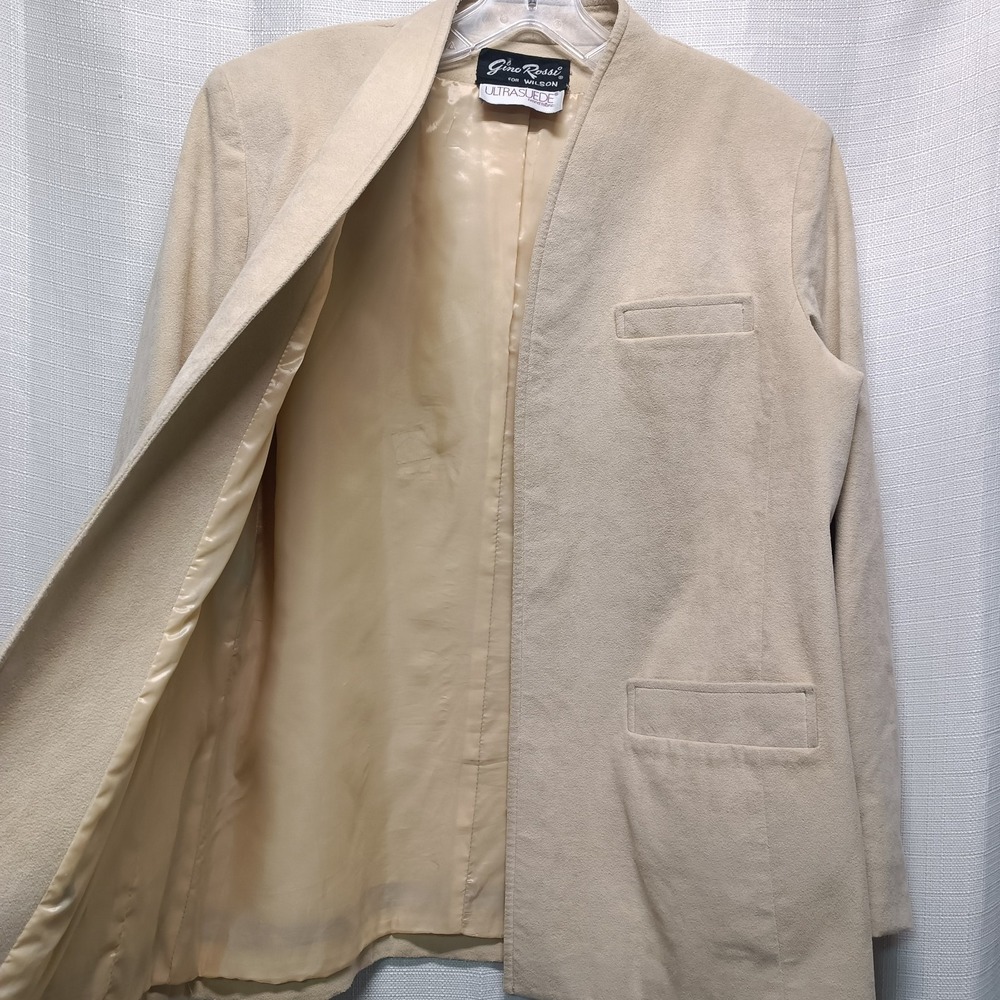 Gina Rossi‎ For Wilson Women's S Beige Ultra Suede Leather Open Front Jacket USA